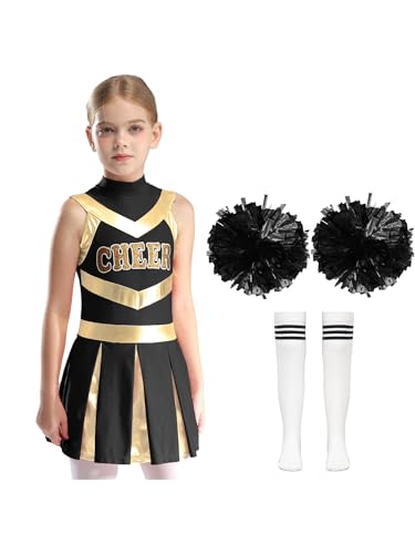 YOOJIA Mädchen Cheer Leader Cheerleading Uniform Ärmellos Brief Drucken Kleid Mit Socken Pompons Poms Cheer Kostüm Outfit für Karneval Halloween Ein Weiß&Schwarz 158-164 von YOOJIA