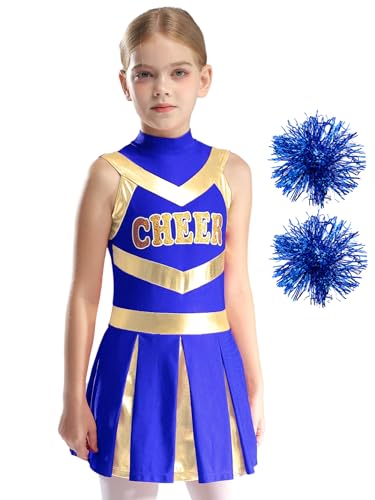 YOOJIA Mädchen Cheer Leader Cheerleading Uniform Ärmellos Brief Drucken Kleid mit Pompons Poms Outfit für Karneval Halloween B Blau 134-140 von YOOJIA