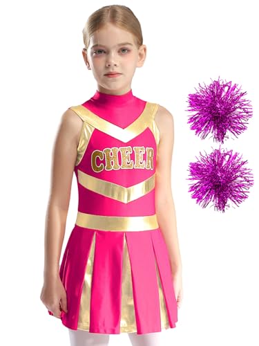 YOOJIA Mädchen Cheer Leader Cheerleading Uniform Ärmellos Brief Drucken Kleid mit Pompons Poms Outfit für Karneval Halloween B Pink 122-128 von YOOJIA