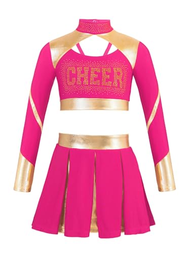 YOOJIA Mädchen Cheerleadering Kostüm Uniform Langarm Crop Top mit High Waist Tanzrock Minirock Fasching Tanzkostüm Hot Pink 146-152 von YOOJIA