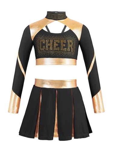 YOOJIA Mädchen Cheerleadering Kostüm Uniform Langarm Crop Top mit High Waist Tanzrock Minirock Fasching Tanzkostüm Schwarz 122-128 von YOOJIA