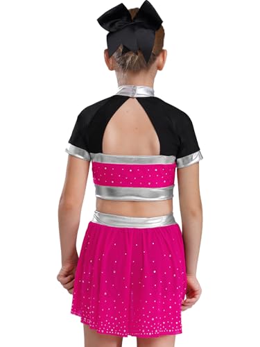 YOOJIA Mädchen Cheerleading Ärmellos Crop Top mit Minirock Skirted Shorts Set Uniform Fasching Party Tanzkostüm Hot Pink 134-140 von YOOJIA