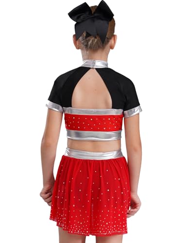 YOOJIA Mädchen Cheerleading Ärmellos Crop Top mit Minirock Skirted Shorts Set Uniform Fasching Party Tanzkostüm Rot 110-116 von YOOJIA