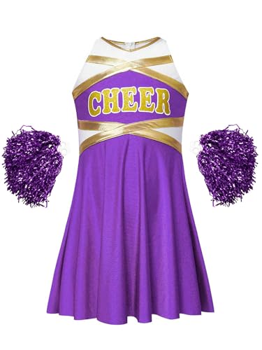 YOOJIA Mädchen Cheerleading Kostüm Ärmellos Tanzkleid Glitzer Cheer Leader Outfit Schulmädchen Kleider mit Pompoms B Lila 110-116 von YOOJIA