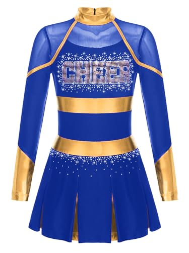 YOOJIA Mädchen Cheerleading Kostüm Langarm Tanzkleid mit Glitzer Cheer Leader Outfit Schulmädchen Kleider Sportkleid Blau 110-116 von YOOJIA