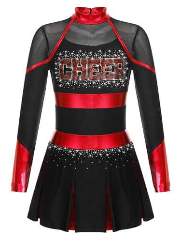 YOOJIA Mädchen Cheerleading Kostüm Langarm Tanzkleid mit Glitzer Cheer Leader Outfit Schulmädchen Kleider Sportkleid Schwarz Rot 158-164 von YOOJIA