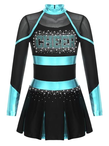 YOOJIA Mädchen Cheerleading Kostüm Langarm Tanzkleid mit Glitzer Cheer Leader Outfit Schulmädchen Kleider Sportkleid Schwarz & Blau Grün 110-116 von YOOJIA