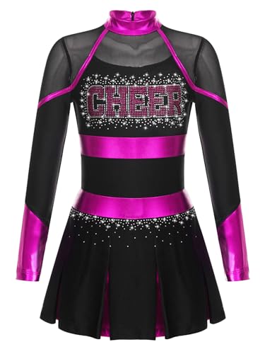 YOOJIA Mädchen Cheerleading Kostüm Langarm Tanzkleid mit Glitzer Cheer Leader Outfit Schulmädchen Kleider Sportkleid Schwarz & Hot Pink 122-128 von YOOJIA