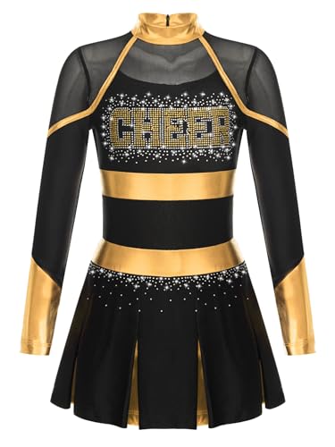 YOOJIA Mädchen Cheerleading Kostüm Langarm Tanzkleid mit Glitzer Cheer Leader Outfit Schulmädchen Kleider Sportkleid Schwarzes Gold 122-128 von YOOJIA