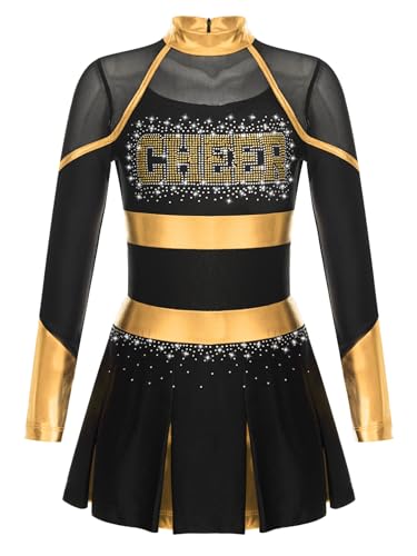 YOOJIA Mädchen Cheerleading Kostüm Langarm Tanzkleid mit Glitzer Cheer Leader Outfit Schulmädchen Kleider Sportkleid Schwarzes Gold 170 YOOJIA Mädchen Cheerleading Kostüm Langarm Tanzkleid mit Glitzer Cheer Leader Outfit Schulmädchen Kleider Sportkleid Schwarzes Gold 170 von YOOJIA