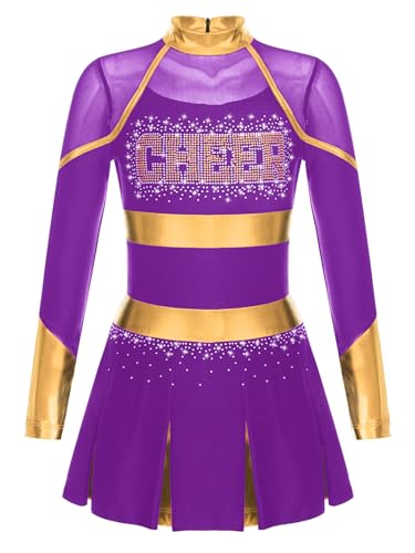 YOOJIA Mädchen Cheerleading Kostüm Langarm Tanzkleid mit Glitzer Cheer Leader Outfit Schulmädchen Kleider Sportkleid Violett 134-140 von YOOJIA