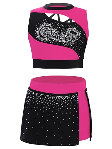 YOOJIA Mädchen Cheerleading Uniform Ärmellos Strass Crop Top mit Minirock Fasching Party Tanzkostüm 5-16 Jahre Hot Pink 110-116 von YOOJIA