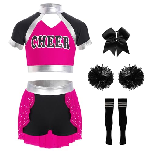 YOOJIA Mädchen Cheerleading Uniform Karneval Halloween Kostüm Kurze Ärmellose Crop Tops mit Rock Pompoms Socken Haarbänder Hot Pink & Schwarz 146-152 von YOOJIA