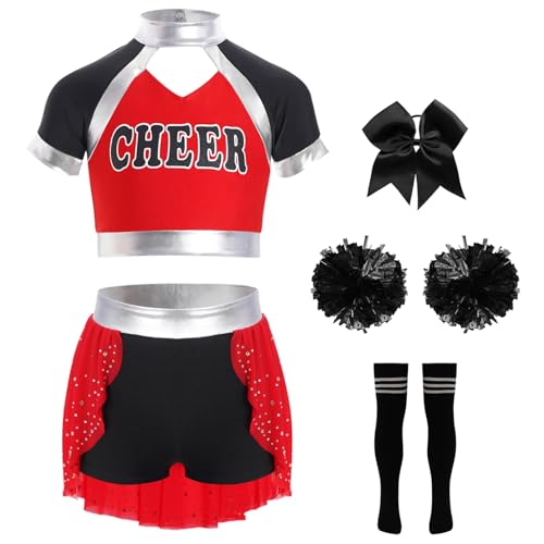 YOOJIA Mädchen Cheerleading Uniform Karneval Halloween Kostüm Kurze Ärmellose Crop Tops mit Rock Pompoms Socken Haarbänder Rot schwarz 158-164 von YOOJIA