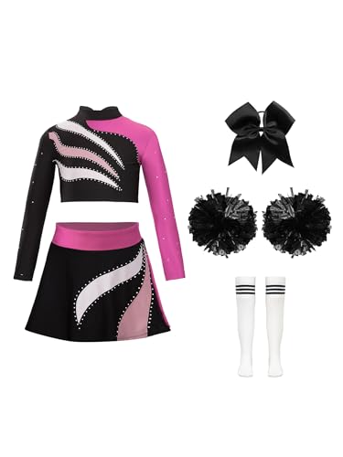 YOOJIA Mädchen Karneval Kostüm Cheerleading High School Tanz Outfit Glitzer Langarm Crop Tops mit Rock Kopfschmuck Pompoms und Socken Hot Pink & Schwarz 134-140 von YOOJIA