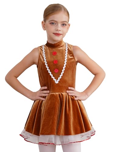 YOOJIA Mädchen Lebkuchenmann Kostüm Weihnachtskleid Samt Tutu Kleid Tanz Trikot Jumpsuit Lebkuchen Kekse Cosplay Kleid mit Tutu Rock Braun 170 von YOOJIA