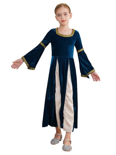 YOOJIA Mädchen Mittelalter Kleid Vintage Retro Kleid Bandage Renaissance Kleid Maxikleid Langarm Partykleid mit Kopfbedeckung Navy blau 110-116 von YOOJIA