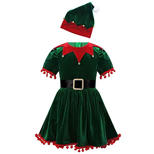 YOOJIA Mädchen Weihnachtskleid + Weihnachtsmütze Rot Grün Weihnachtself Rollenspiel Weihnachtsoutfit Weihnachtsset Kinder Weihnachten Kleidung Christmas Grün 134-140 von YOOJIA