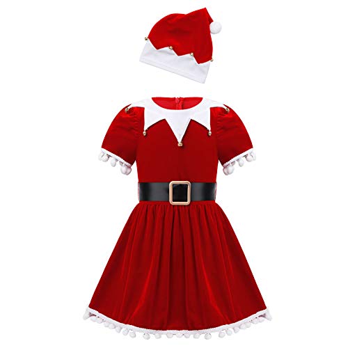 YOOJIA Mädchen Weihnachtskleid + Weihnachtsmütze Rot Grün Weihnachtself Rollenspiel Weihnachtsoutfit Weihnachtsset Kinder Weihnachten Kleidung Christmas Rot 116-128 von YOOJIA