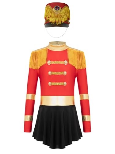 YOOJIA Mädchen Zirkusdirektor Outfit Langarm Bodysuit Overall Tanzkleid mit Hut Fasching Karneval Halloween Cosplay Kleidung Rot A 110-116 von YOOJIA