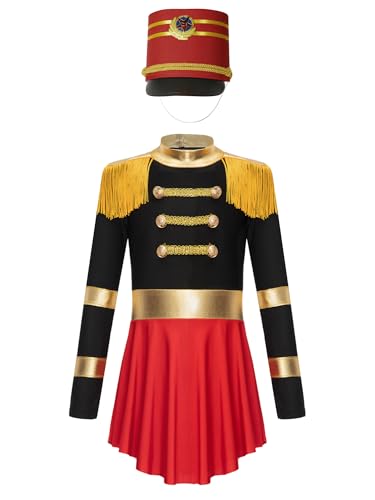 YOOJIA Mädchen Zirkusdirektor Outfit Langarm Bodysuit Overall Tanzkleid mit Hut Fasching Karneval Halloween Cosplay Kleidung Schwarz A 134-140 von YOOJIA