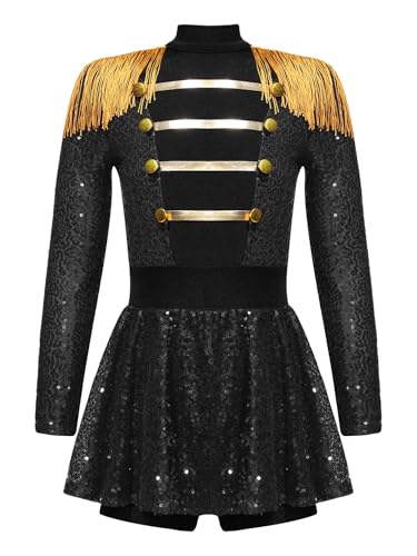 YOOJIA Zirkus Kostüm Mädchen Zirkusdirektor Glitzer Tanzkleid mit Shorts Langarm Partykleid Fasching Karneval Cosplay Kleidung Schwarz A 146-152 von YOOJIA