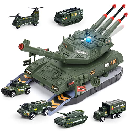 Panzer Spielzeug Sets, Militärtransportpanzer mit 6 Pcs Mini Metalllegierung Militärfahrzeug, Realistischem Soundlicht, Drehbarem Turm und Raketenwerfer, Panzerfahrzeug Spielset Kinder Geschenk von YOOYID