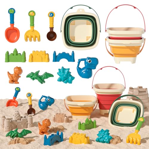 YOOYID Sandspielzeug Set, Strandspielzeug Kinder 3 4 5 6 7 Jahre, Sandkasten Spielzeug mit 3 Faltbarer Eimer, Sand Burg, Dinosaurier Sandformen, Sandschaufel, Strand Spielzeug für Jungen Mädchen von YOOYID