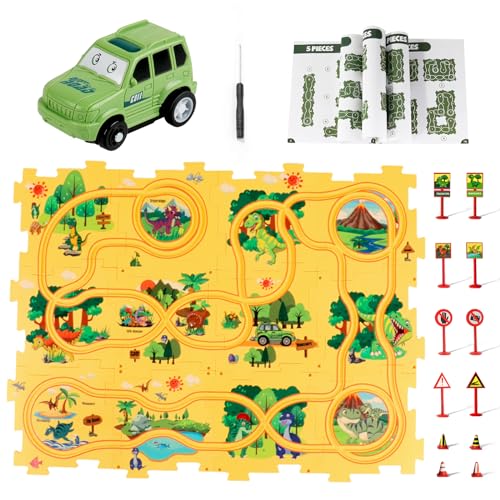 YOOYID Dinosaurier Puzzles Rennbahnen für Kinder im Alter von 3-5 Jahren Kleinkind Kunststoff Puzzle Track Rail Car Playset Track Slot Car Lernspielzeug für 3 4 5 6 Jahre alte Jungen Mädchen von YOOYID