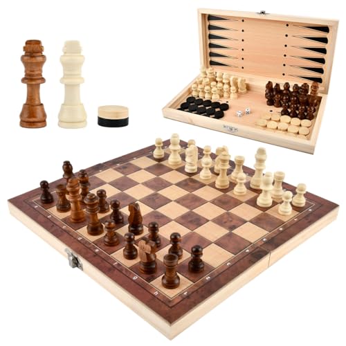 YOPEUC 3 in 1 Schachspiel Holz, 29x29 cm Chess Board Klappbar Schach Tragbar Schach Reisespiel, Schachbrett Holz Hochwertig für Party Familie Aktivitäten, Schachspiel Kinder, Reiseschach von YOPEUC