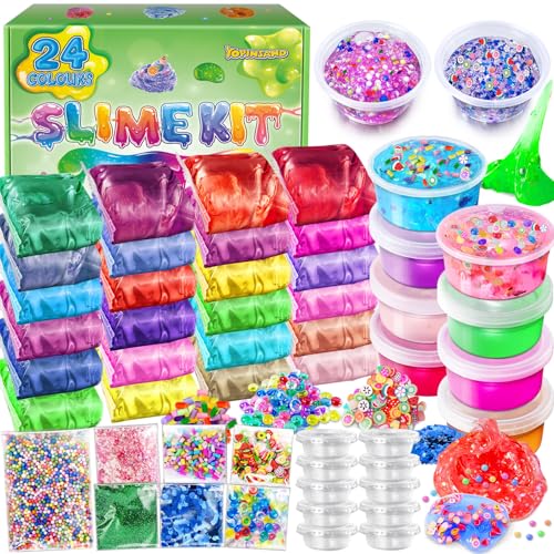 24 Farben DIY Schleim Kit, Slime Making Kit für Mädchen, Crystal Clear Slime, Glow in The Dark Slime mit Add-Ins Schaumstoffkugeln, Charms, Glitter, Geschenk-Spielzeug für Kinder 24 Farben DIY Schleim Kit, Slime Making Kit für Mädchen, Crystal Clear Slime, Glow in The Dark Slime mit Add-Ins Schaumstoffkugeln, Charms, Glitter, Geschenk-Spielzeug für Kinder von YOPINSAND