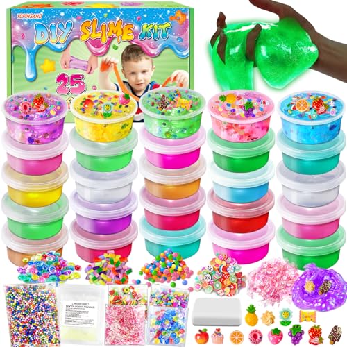 25 Farben DIY Slime Kit, Slime Making Kit für Mädchen, Crystal Clear Slime, Glow in The Dark Slime mit Add-Ins Schaumstoffkugeln, Charms, Glitter, Geschenk-Spielzeug für Kinder von YOPINSAND