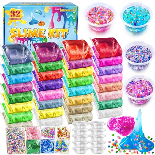 32 Farben DIY Slime Kit, Slime Making Kit für Mädchen, Crystal Clear Slime, Glow in The Dark Slime mit Add-Ins Schaumstoffkugeln, Charms, Glitter, Geschenk-Spielzeug für Kinder von YOPINSAND