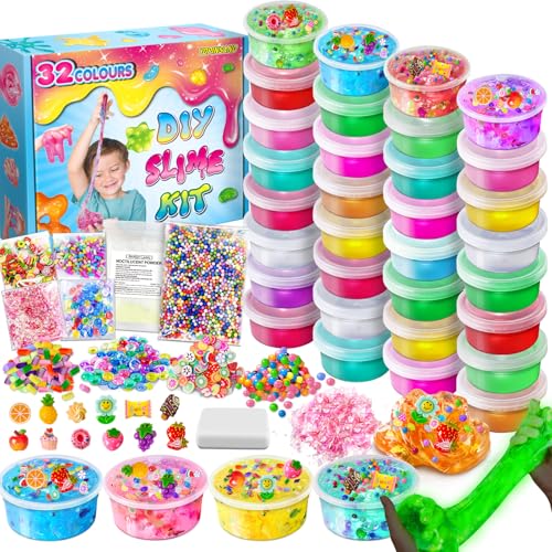 32 Farben DIY Slime Kit, Slime Making Kit für Mädchen, Crystal Clear Slime, Glow in The Dark Slime mit Add-Ins Schaumstoffkugeln, Charms, Glitter, Geschenk-Spielzeug für Kinder von YOPINSAND