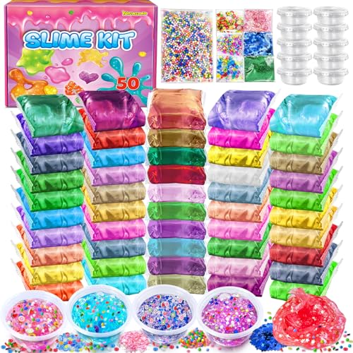 50 Farben DIY Slime Kit, Slime Making Kit für Mädchen, Crystal Clear Slime, Glow in The Dark Slime mit Add-Ins Schaumstoffkugeln, Charms, Glitter, Geschenk-Spielzeug für Kinder von YOPINSAND