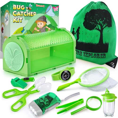 Insektenbox für kinder, Outdoor Spielzeug Geschenke für Kinder Jungen, Outdoor-Käferfangbehälter mit Vergrößerungsglas, Rucksack, Taschenlampe, Schmetterlingsnetz, Kompass Uhr von YOPINSAND