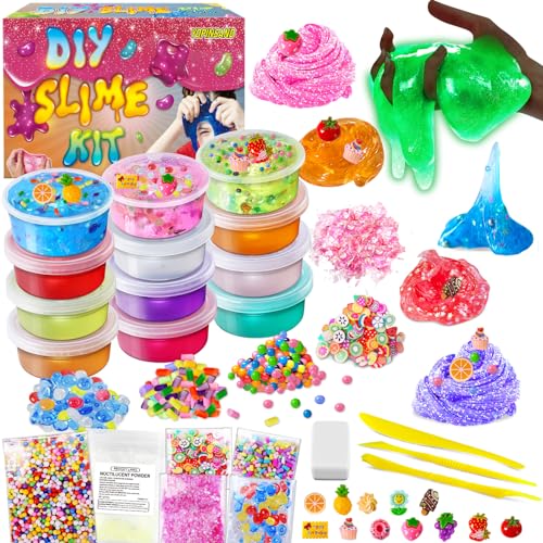 12 Farben DIY Slime Kit, Slime Making Kit für Mädchen, Crystal Clear Slime, Glow in The Dark Slime mit Add-Ins Schaumstoffkugeln, Charms, Slime Party Favors Geschenk Spielzeug für Kinder von YOPINSAND