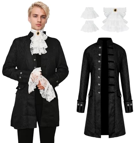 YORDET Herren Gothic Steampunk Mantel Mittelalter Vintage Gehrock Viktorianischen Gehrock Button Uniform Halloween Karneval Cosplay Kostüm (Schwarz, 3XL) von YORDET