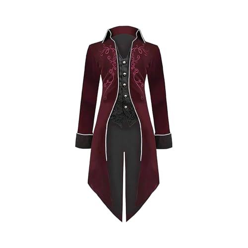 YORDET Herren Mittelalter Steampunk Frack Jacke Gothic Mantel viktorianische Hof Stickerei Mantel Renaissance Retro Party Vampir Cosplay Kostüme für Erwachsene (Rot, 3XL) von YORDET