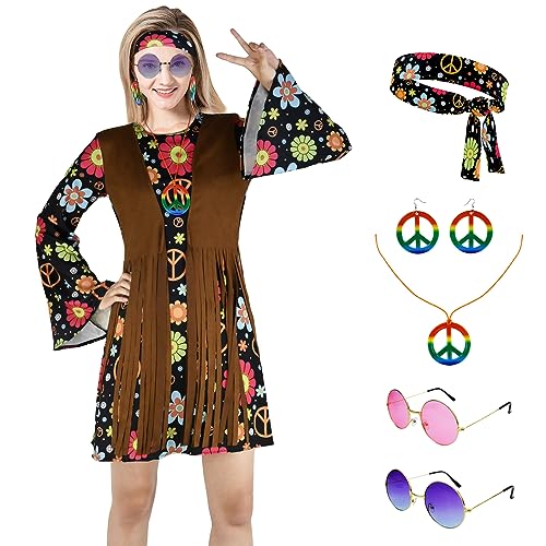 YORDET Hippie Kostüm Damen 60er 70er Hippie Kostüm, Retro Hippie Kleidung mit Hippie Accessoires, Disco Damen Faschingskostüme Party Kleidung Damen (L) von YORDET