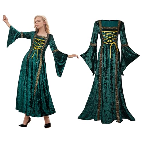 YORDET Mittelalter Kleidung Damen Satin Renaissance Kleid Retro Trompetenärmel Gothic Kleidung Viktorianisches Cosplay Gewand Helloween Kostüme für Frauen (L) von YORDET