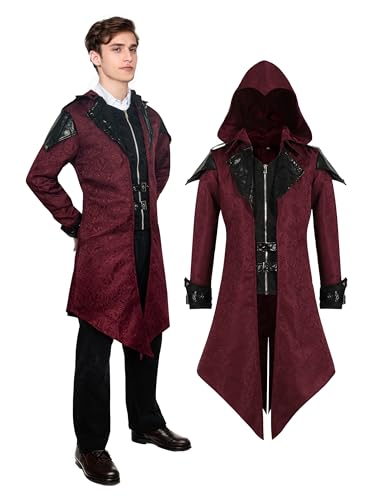 YORDET Steampunk Herren Jacke mit Kapuze Gothic Frack Herren Mantel Mittelalter Retro Jacke Halloween Party Karneval Cosplay Kleidung (Rot, 3XL) von YORDET