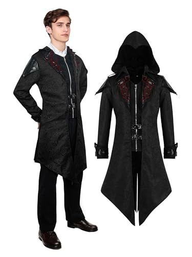 YORDET Steampunk Herren Jacke mit Kapuze Gothic Frack Herren Mantel Mittelalter Retro Jacke Halloween Party Karneval Cosplay Kleidung (Schwarz, 3XL) von YORDET