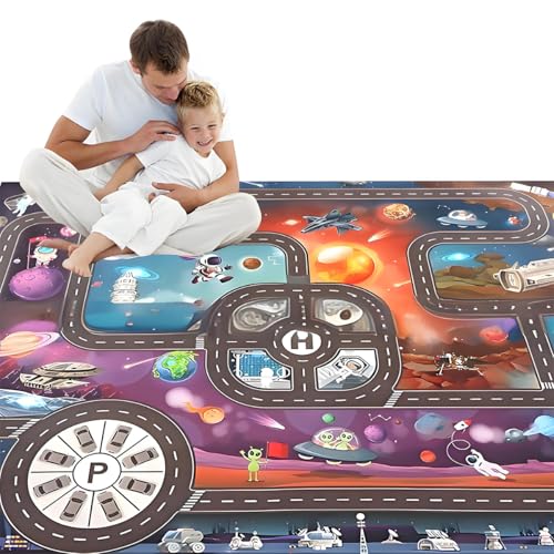 YORISMAL Kinder Fantasy Matte Space Car Park Activity Spielmatte, Interaktive Eltern-Kind Spielmatte Kartenmatte, Kinderpuzzle mit Verkehrsschildern City Life Role Play von YORISMAL