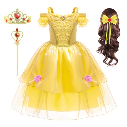 YOSICIL Anna Belle Kostüm für Mädchen Elsa Prinzessin Kleid mit Perücke Krone Zauberstab Kinder Dress up für Verkleidung Halloween Weihnachten Hochzeit Karneval Cosplay Rollenspiele, 110 von YOSICIL