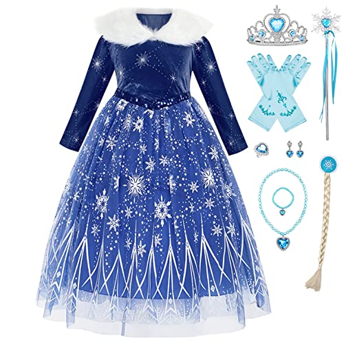 YOSICIL Anna ELSA Schneeflocke Prinzessin Kleid mit Zubehör Mädchen Kinder Cosplay Kleidung Geburtstag Party Pailletten Samt Weihnachten Halloween Festliches Geschenk Karneval, Blau, 110 von YOSICIL