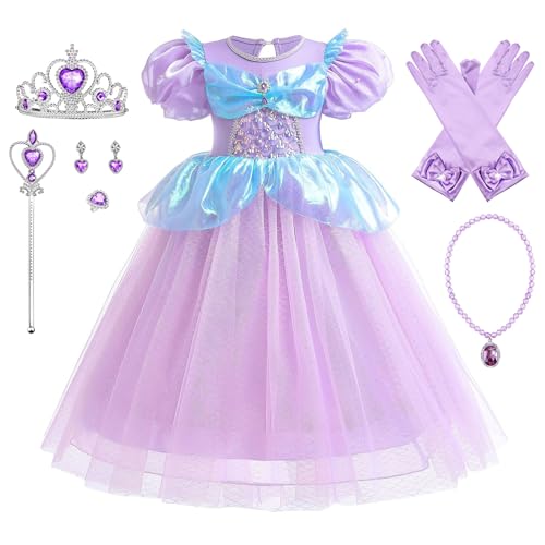 YOSICIL Ariel Prinzessin Kleid Mädchen Meerjungfrau Kleid mit Halskette Krone für Kinder Tüll fancy Dress für Verkleidung Cosplay Geschenk Halloween verkleiden Rollespiel Weihnachten, 120 von YOSICIL