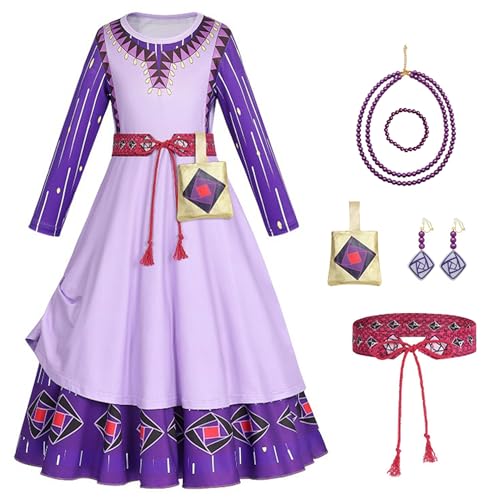 YOSICIL Asha-Mädchenkostüm Asha-Prinzessinnenkostüm Wish Asha-Geburtstagskleid Asha-Kleidungsset Gürtel Taschen Halsketten Armbänder Ohrringe Cosplay-Party,violett,130 von YOSICIL