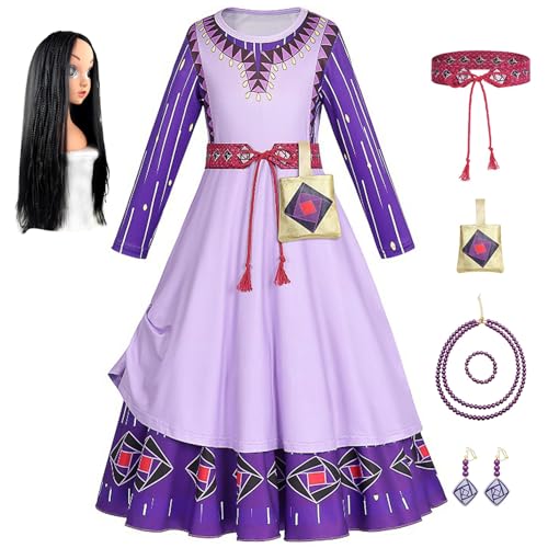 YOSICIL Asha Wish Kostüm für Mädchen Kinder lila Kleid mit Perücke Tasche Gürtel Ohrring Halskette Prinzessin Kleider für Verkleidung Cosplay Geschenk Karneval, 120 von YOSICIL