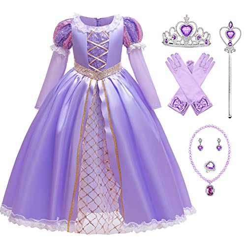 YOSICIL Cinderella ELSA Mädchen Kinder Rapunzel Prinzessinnenkleider mit Zubehöre für Fasching Geburtstagsparty Geschenk Weihnachten Halloween Karneval Hochzeit Maxikleid mit Perücke von YOSICIL